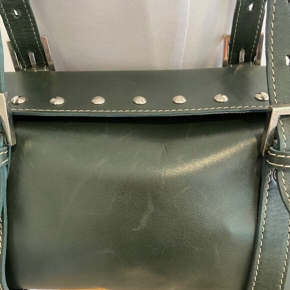 Claudia Firenze Genuine Leather Green Studded Handbag Buckle Straps snap closure - Picture 4 of 10